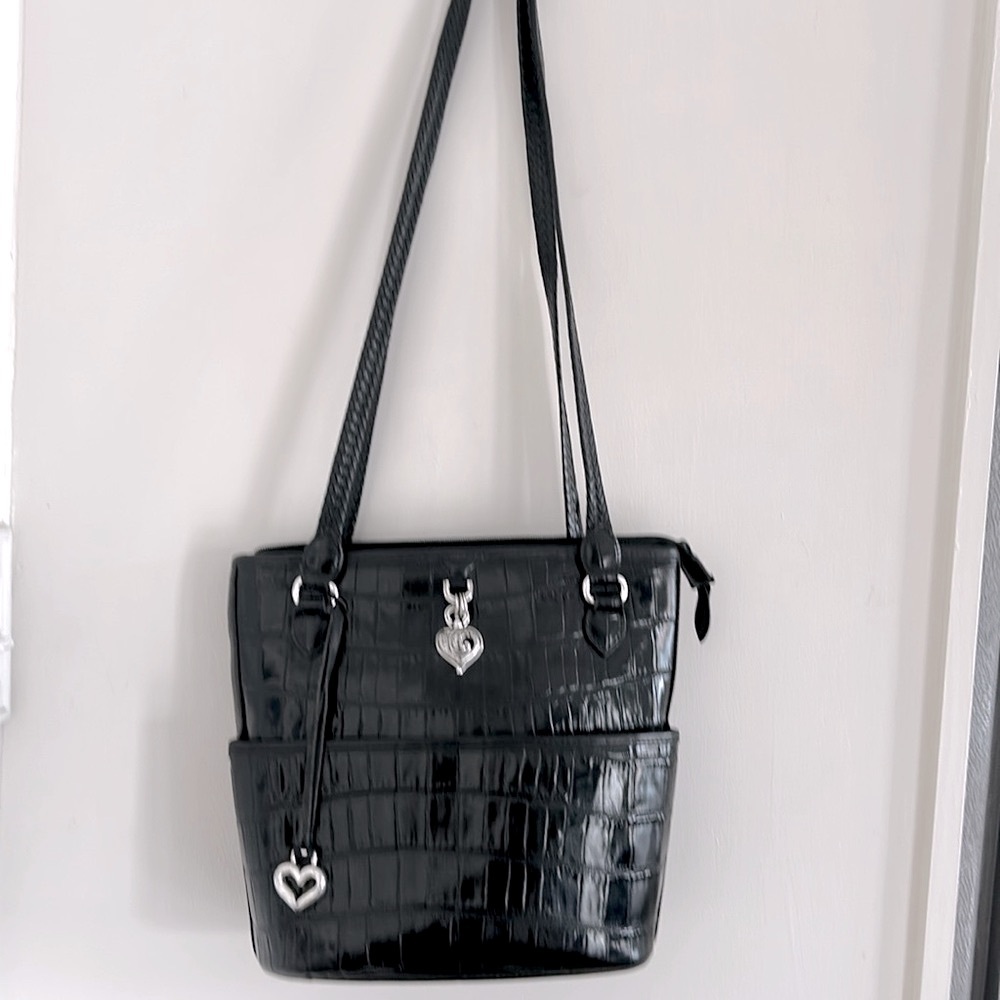 Brighton Vintage Black leather Croc Embossed Bucket Shoulder Bag